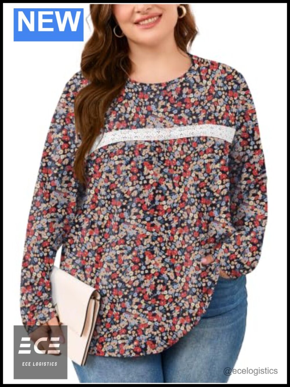 Plus Size Lace Trim Long Sleeve Tunic Top Loose Fit Blouse